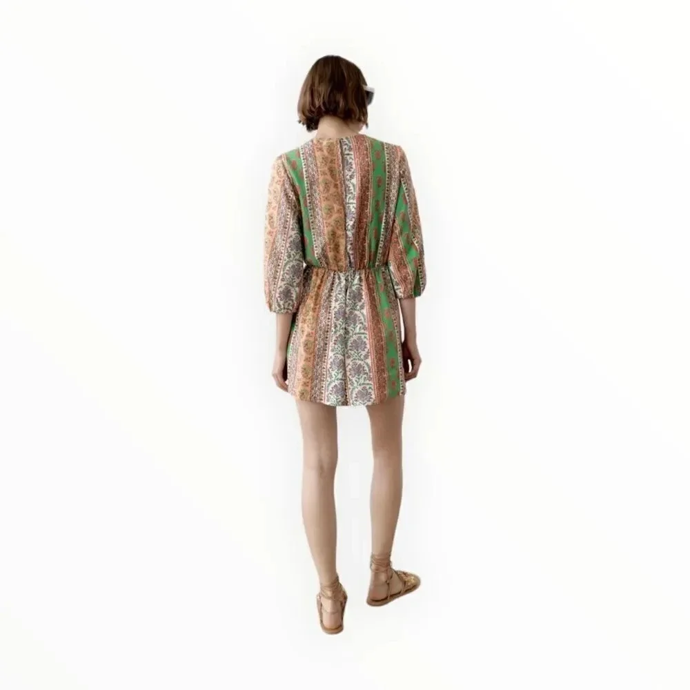 Zara Multicolor Printed Linen Blend Romper Size L Boho V-Neck Tie Front NWT